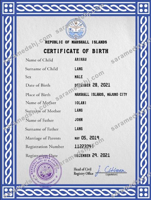 Marshall Islands vital record birth certificate PSD template